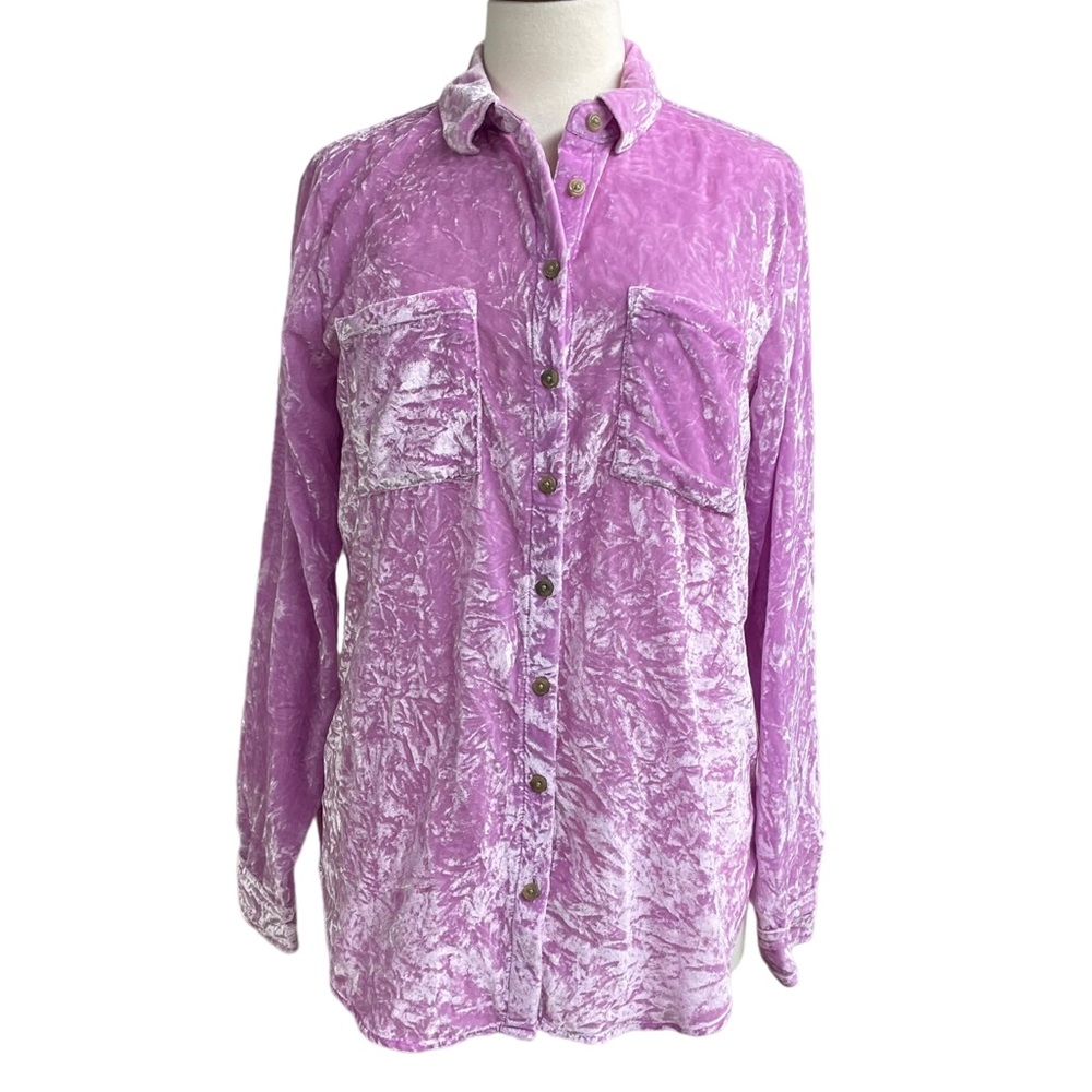 Pilcro Crushed Velvet Button-Down Shirt in Lavender